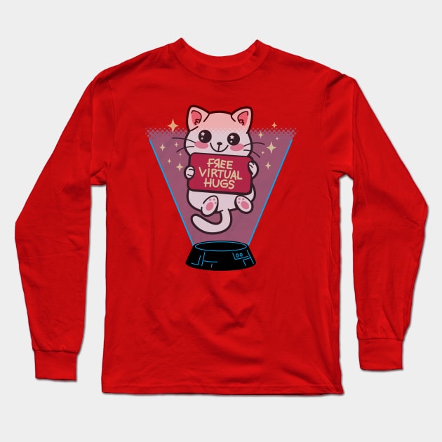 Funny Cute VR Virtual Reality Kawaii Cat Free Hugs Cartoon Long Sleeve T-Shirt by BoggsNicolas